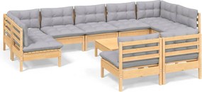 vidaXL Set mobilier de grădină cu perne, 10 piese, gri, lemn masiv pin