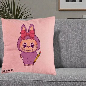 Perna Personalizata Labubu Mov cu Funda Rosie si Creion, 40x40 cm, Roz, Husa Detasabila, Perna Inclusa, BEKZ®
