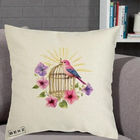 Perna Decorativa Pasare Roz pe Colivie Aurie cu Flori, 40x40 cm, Ecru, Husa Detasabila, Perna Inclusa, BEKZ®