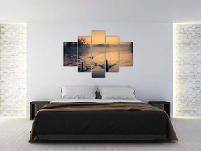 Tablou cu lebăde pe apă în ceață (150x105 cm)