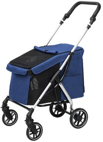 PawHut Cărucior pentru câini, transport ușor și pliabil pentru câini mici, pernă lavabilă, ferestre din plasă, Albastru inchis | Aosom Romania