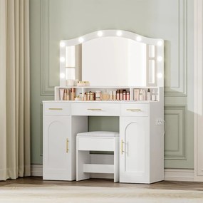 SEA487 - Set Masa toaleta alba, 108 cm cosmetica machiaj, oglinda cu LED, scaun tapitat, masuta vanity cu Priza si USB si Manere Aurii