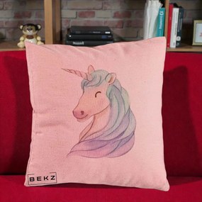 Perna Decorativa Unicorn Acuarela Pastel, 40x40 cm, Roz, Husa Detasabila, Perna Inclusa, BEKZ®