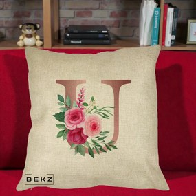 Cadou Personalizat - Perna Personalizata Monograma Rose Gold Litera U, 40x40 cm, Crem, Husa Detasabila, Perna Inclusa, BEKZ®