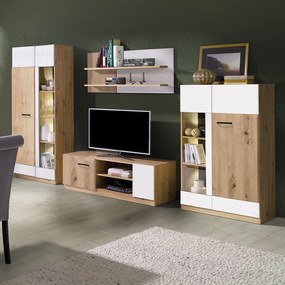 Living MARTIN Z.A., 4 corpuri, cu lumini LED, corp PAL artisan, fronturi MDF alb lucios si artisan, 305x53x195 cm