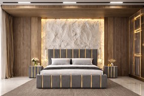 Pat tapitat Hugo 160x200 cm, Gri+ Saltea Superortopedica Gold, grosime 20 cm + Set 2 noptiere Hugo, Gri