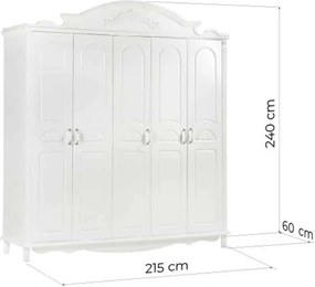 Dulap lemn masiv alb 5 Uși Elizabeth, 215 × 60 × 240 cm