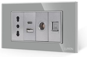 Priza Ingusta + Dubla USB + TV + Internet cu Rama Din Sticla LUXION, Standard Italian, 4M