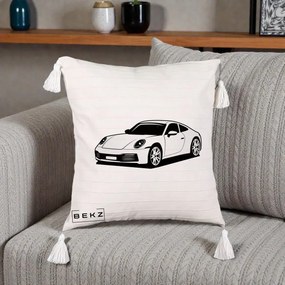 Perna Personalizata Porsche 911 Silueta, 40x40 cm, Bej cu Franjuri, Husa Detasabila, Perna Inclusa, BEKZ®