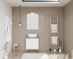 Set mobilier baie cu blat 60 cm imitatie lemn si oglinda cu LED si lampa, SaviniDue