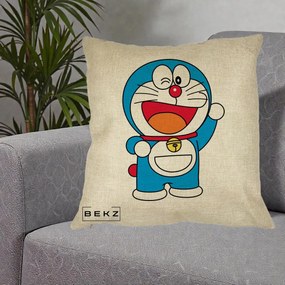 Perna Personalizata Doraemon Salutand, 40x40 cm, Crem, Husa Detasabila, Perna Inclusa, BEKZ®