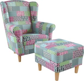 Fotoliu cu taburet, material textil în stilul patchwork M1, ASTRID