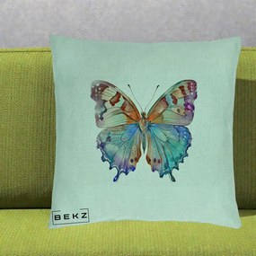 Perna Decorativa Fluture Acuarela Multicolor Portocaliu-Bleu-Mov, 40x40 cm, Verde Menta, Husa Detasabila, Perna Inclusa, BEKZ®