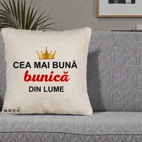 Cadou pentru Bunica - Perna Personalizata Cea Mai Buna Bunica Din Lume Coroana Aurie, 40x40 cm, Bej Canapea, Husa Detasabila, Perna Inclusa, BEKZ®