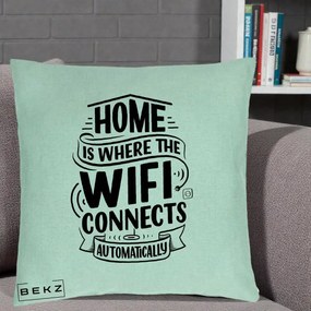 Perna Decorativa Home Is Where WiFi Connects, 40x40 cm, Verde Menta, Husa Detasabila, Perna Inclusa, BEKZ®