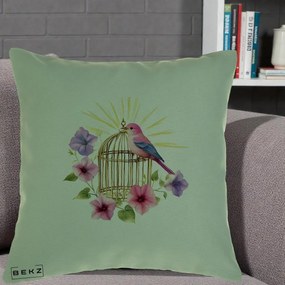 Perna Decorativa Pasare Roz pe Colivie Aurie cu Flori, 40x40 cm, Verde, Husa Detasabila, Perna Inclusa, BEKZ®