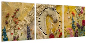 Tablou - Unicorn cu flori (cu ceas) (90x30 cm)