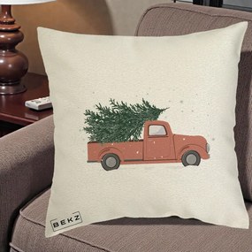 Perna Decorativa Camioneta Terracotta Brad de Craciun, 40x40 cm, Ecru, Husa Detasabila, Perna Inclusa, BEKZ®
