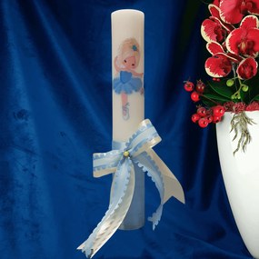 Lumanare botez decorata Balerina alb albastra 7 cm, 35 cm