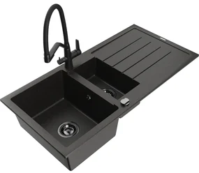 Mexen Andres chiuvetă de bucătărie din granit 1,5 camere cu scurgător și baterie Duo, negru/auriu metalic - 6515-75-671701-70-B