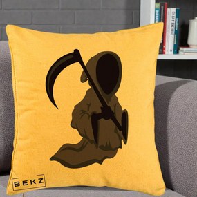 Perna Decorativa Moartea cu Coasa Grim Reaper Halloween, 40x40 cm, Galben, Husa Detasabila, Perna Inclusa, BEKZ®