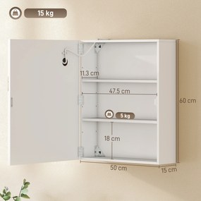 HOMCOM Dulap Baie cu Oglindă și LED, 50x15x60 cm, Anti-Aburire, Rafturi Reglabile, 3 Temperatură de Lumină, Dulap Suspendat din MDF, Alb | Aosom Romania