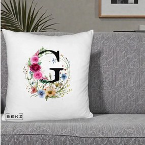 Cadou Personalizat - Perna Personalizata Monogram Litera G cu Flori Acuarela, 40x40 cm, Alb Pufos, Husa Detasabila, Perna Inclusa, BEKZ®