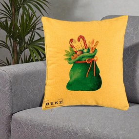 Perna Decorativa Saculet Cadouri Mos Craciun Acuarela Verde, 40x40 cm, Galben, Husa Detasabila, Perna Inclusa, BEKZ®