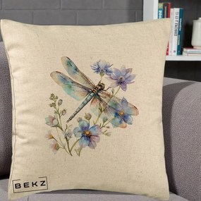 Perna Decorativa Libelula Acuarela Flori Albastre, 40x40 cm, Bej, Husa Detasabila, Perna Inclusa, BEKZ®