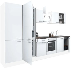 Mobilă de bucătărie Yorki 330, corp alb, față alb satinat cu element cuptor inferior, dulap cu rafturi și frigider congelator inferior