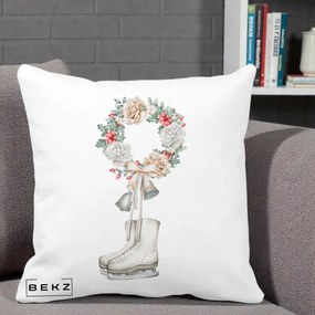 Perna Decorativa Patine cu Coroana Florala de Craciun, 40x40 cm, Alba Mata, Husa Detasabila, Perna Inclusa, BEKZ®