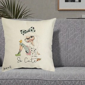 Perna Decorativa So Cute Fata Fashion, 40x40 cm, Ecru, Husa Detasabila, Perna Inclusa, BEKZ®