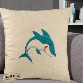 Perna Decorativa Rechin Albastru Cartoon, 40x40 cm, Bej, Husa Detasabila, Perna Inclusa, BEKZ®