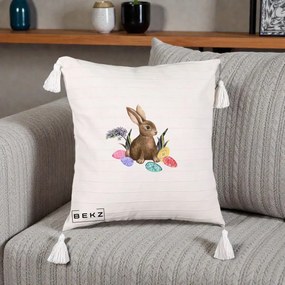 Perna Decorativa Iepuras cu Oua de Pasti Acuarela, 40x40 cm, Bej cu Franjuri, Husa Detasabila, Perna Inclusa, BEKZ®