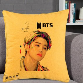 Perna Personalizata K-pop BTS Jimin Portret Artistic Multicolor cu Autograf, 40x40 cm, Galben, Husa Detasabila, Perna Inclusa, BEKZ®
