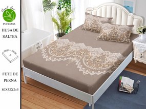 Husa de pat cu elastic 180x200 din Bumbac Finet + 2 Fete de Perna - Bej Model Dantela