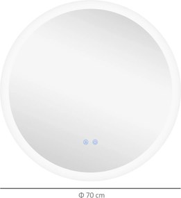 Kleankin Oglindă Rotundă LED pentru Baie, Reglabilă, 3 Temperaturi de Culoare, Anti-Ceță, 70cm | Aosom Romania
