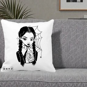 Perna Personalizata Wednesday cu Panza de Paianjen, 40x40 cm, Alba Mata, Husa Detasabila, Perna Inclusa, BEKZ®