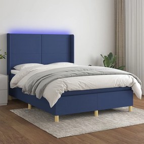 Pat cu arcuri, saltea si LED, albastru, 140x190 cm, textil Albastru, 140 x 190 cm, Design simplu