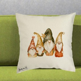 Perna Decorativa Gnomi de Craciun Patru, 40x40 cm, Ecru, Husa Detasabila, Perna Inclusa, BEKZ®