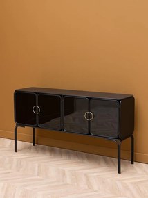 Consolă hol în stil eclectic, din metal și sticlă, negru, cu 4 uși din sticlă fumurie și mânere aurii, 82 x 138 x 38 cm, „Ashbury”