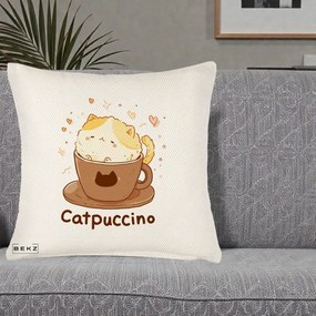 Perna Decorativa Catpuccino Pisica Cappuccino, 40x40 cm, Crem Reliefat, Husa Detasabila, Perna Inclusa, BEKZ®