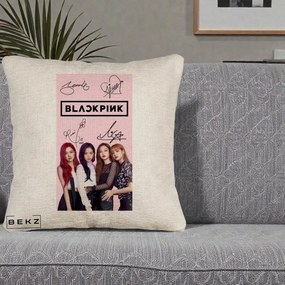 Perna Personalizata K-pop BLACKPINK Semnaturi si Foto, 40x40 cm, Bej Canapea, Husa Detasabila, Perna Inclusa, BEKZ®
