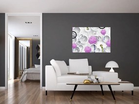 Tablou cu abstracție 3D cu cercuri și flori (90x60 cm)