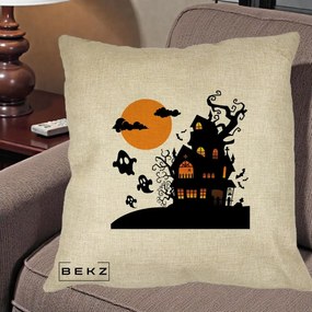 Perna Decorativa Halloween Casa Bantuita cu Fantome, 40x40 cm, Crem, Husa Detasabila, Perna Inclusa, BEKZ®