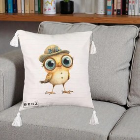 Perna Decorativa Pui Elegant cu Palarie Teal, 40x40 cm, Bej cu Franjuri, Husa Detasabila, Perna Inclusa, BEKZ®