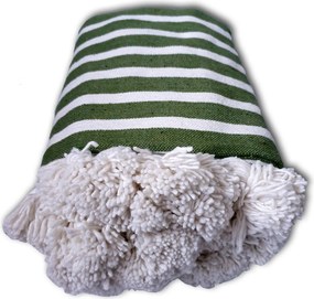 Pătură Maroc țesută manual, verde olive cu dungi albe, bumbac, 250x150 cm