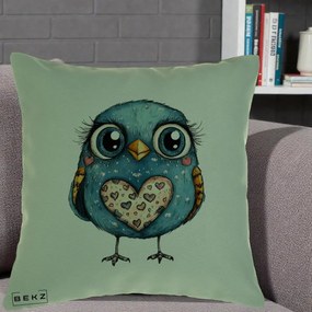 Perna Decorativa Bufnita Albastra cu Inimioare, 40x40 cm, Verde, Husa Detasabila, Perna Inclusa, BEKZ®