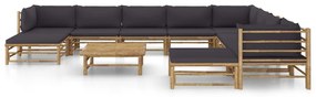 Set mobilier de gradina cu perne gri inchis, 11 piese, bambus