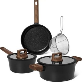 Set cratite, cos de prajit si tigaie Just Perfecto JL-332, 6 piese, Acoperire din marmura, Inductie, Capac din sticla cu orificiu pentru abur, Negru/maro